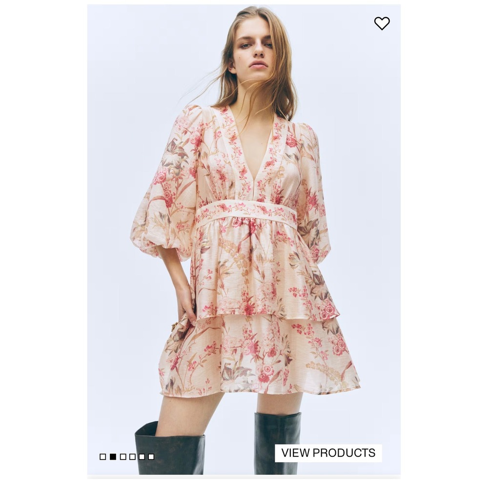 HM Linen Blend Floral Puff Sleeve Mini Dress Pink Cream XL V-Neck Tie Back New